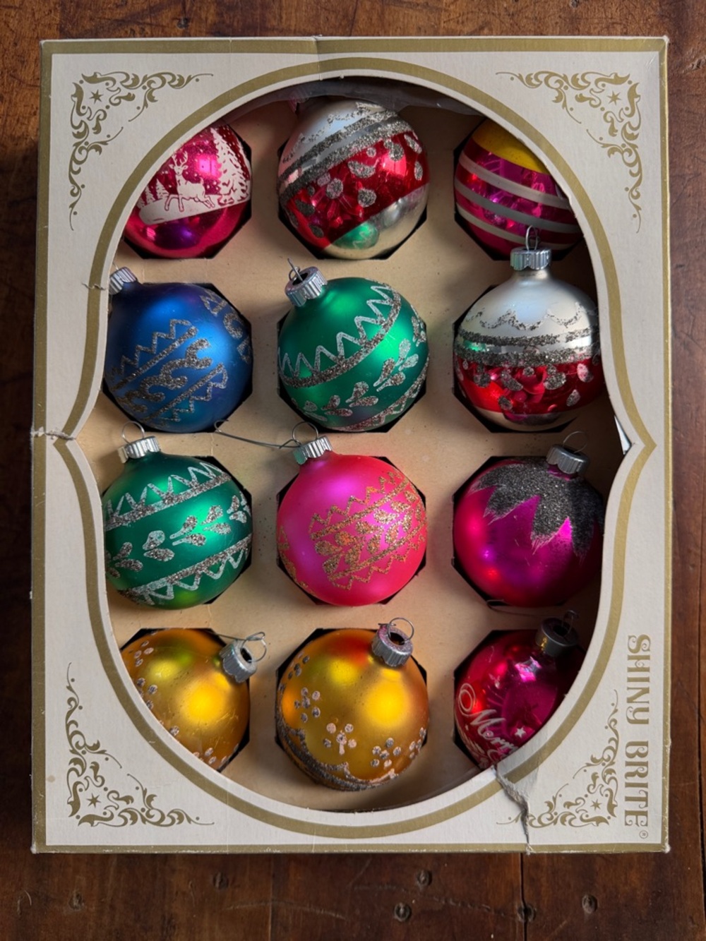 Set of 12 Assorted Multicolor Vintage Shiny Brite Glass Christmas Ornaments - Picture 2 of 14